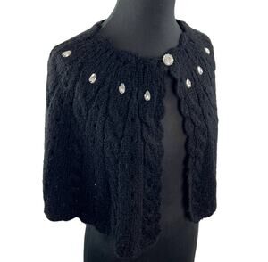 CHARLOTTE Black Mohair Blend Crewneck Cable-knit Poncho Sweater Rhinestone S/M